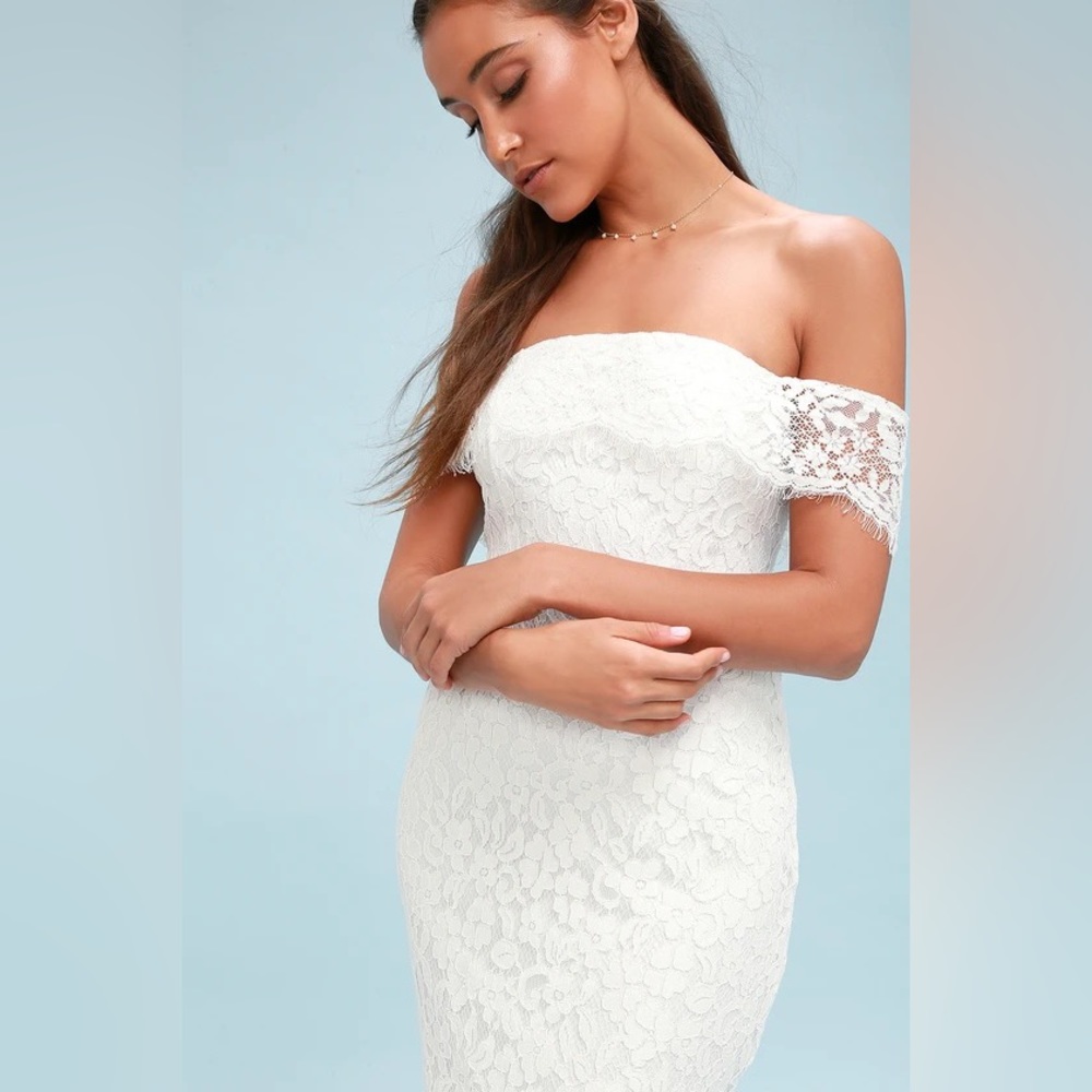 Lulus Romantic Heart White Lace Off-the-Shoulder Maxi Dress NWT